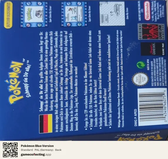 Pokémon Blue Version Game Boy, Germany box back