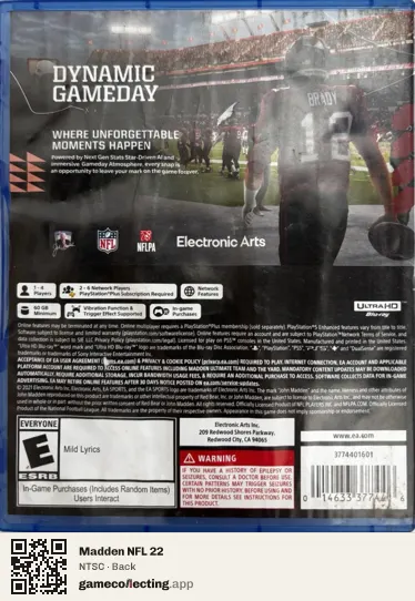 Madden NFL 22 PlayStation 5, NTSC box back