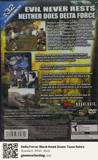 Delta Force: Black Hawk Down: Team Sabre PlayStation 2, NTSC box back