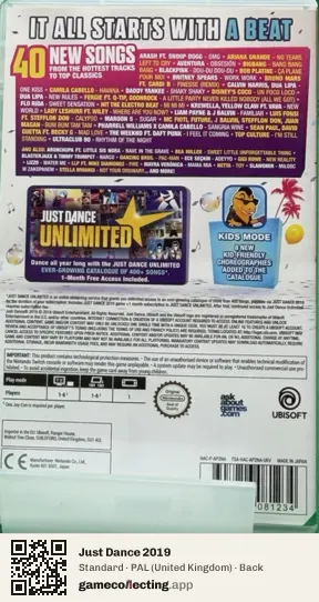 Just Dance 2019 Nintendo Switch, United Kingdom box back