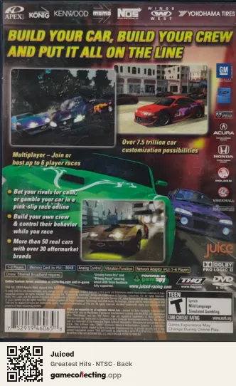 Juiced PlayStation 2, NTSC box back