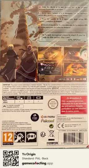 Ys Origin Nintendo Switch, PAL box back