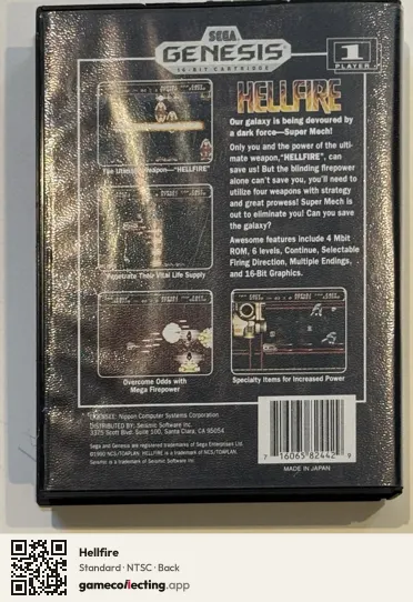 Hellfire Sega Mega Drive / Genesis, NTSC box back
