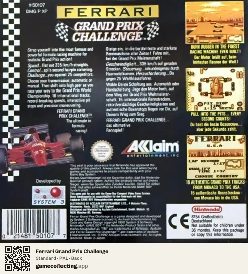 Ferrari Grand Prix Challenge Game Boy, PAL box back