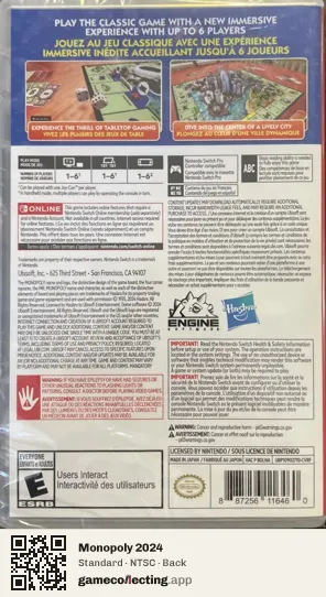 Monopoly 2024 Nintendo Switch, NTSC box back