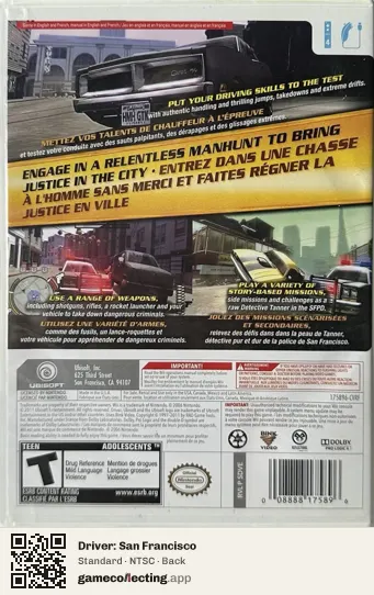 Driver: San Francisco Nintendo Wii, NTSC box back