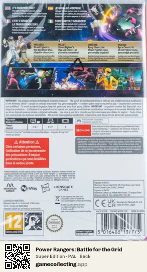 Power Rangers: Battle for the Grid Nintendo Switch, PAL box back
