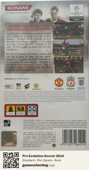 Pro Evolution Soccer 2010 PlayStation Portable, Spain box back