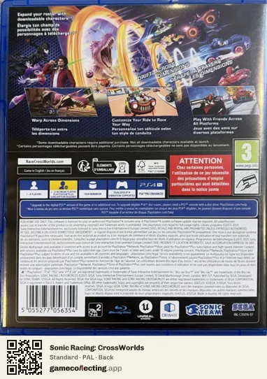 Sonic Racing: CrossWorlds PlayStation 4, PAL box back