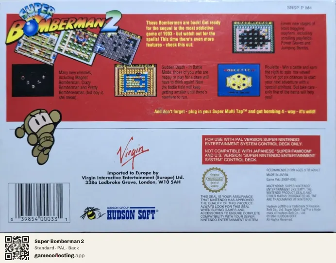 Super Bomberman 2 Super Nintendo Entertainment System, PAL box back