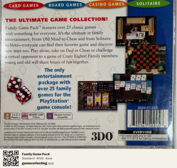 Family Game Pack PlayStation, NTSC box back
