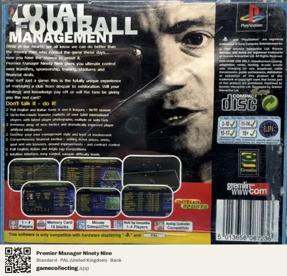 Premier Manager Ninety Nine PlayStation, United Kingdom box back
