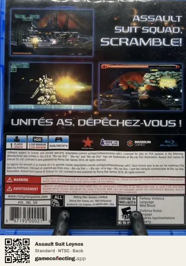 Assault Suit Leynos PlayStation 4, NTSC box back