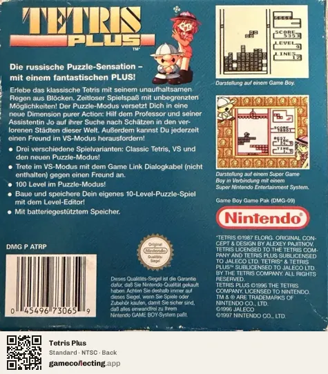 Tetris Plus Game Boy, NTSC box back