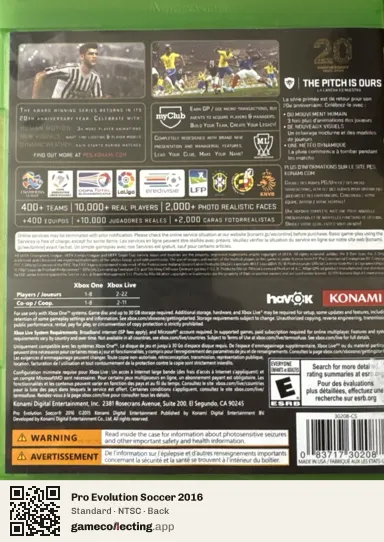Pro Evolution Soccer 2016 Xbox One, NTSC box back