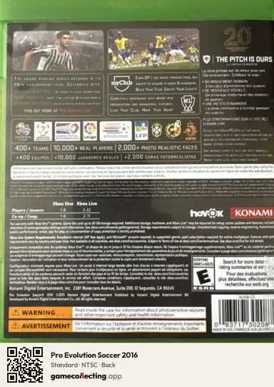 Pro Evolution Soccer 2016 Xbox One, NTSC box back