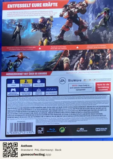 Anthem PlayStation 4, Germany box back