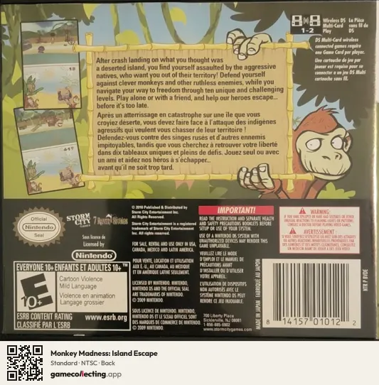 Monkey Madness: Island Escape Nintendo DS, NTSC box back