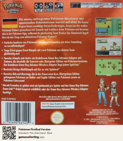Pokémon FireRed Version Game Boy Advance, Germany box back