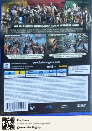 For Honor PlayStation 4, Germany box back