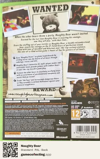 Naughty Bear Xbox 360, PAL box back