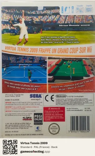 Virtua Tennis 2009 Nintendo Wii, France box back