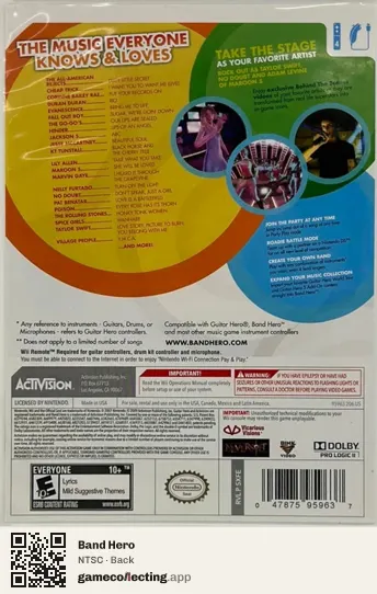 Band Hero Nintendo Wii, NTSC box back