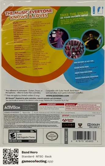 Band Hero Nintendo Wii, NTSC box back