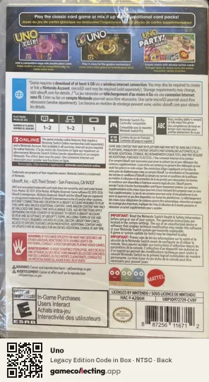 Uno Nintendo Switch, NTSC box back