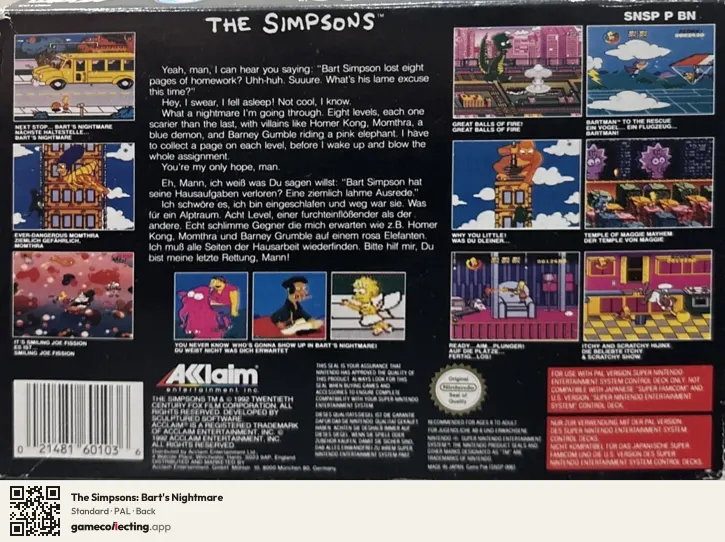 The Simpsons: Bart's Nightmare Super Nintendo Entertainment System, PAL box back