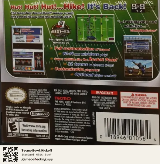 Tecmo Bowl: Kickoff Nintendo DS, NTSC box back