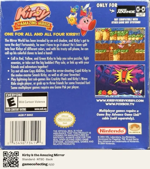 Kirby & the Amazing Mirror Game Boy Advance, NTSC box back