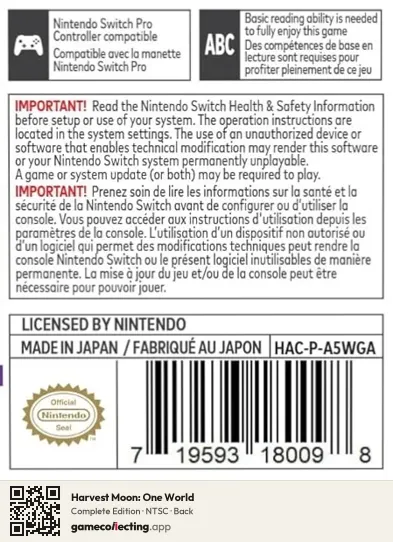 Harvest Moon: One World Nintendo Switch, NTSC box back