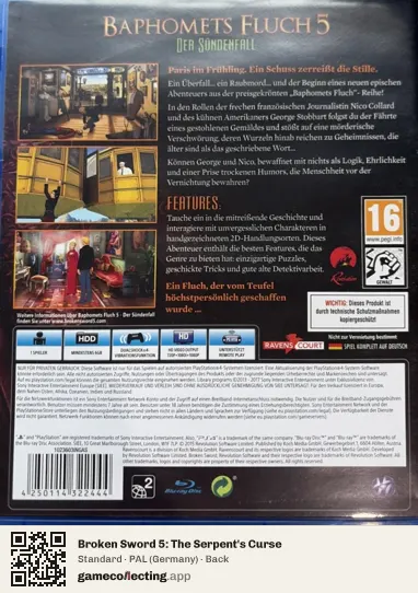 Broken Sword 5: The Serpent's Curse PlayStation 4, Germany box back
