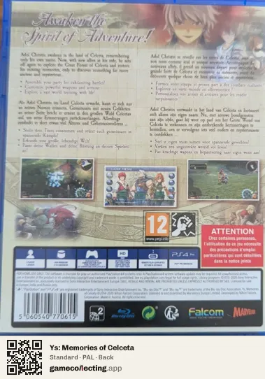 Ys: Memories of Celceta PlayStation 4, PAL box back