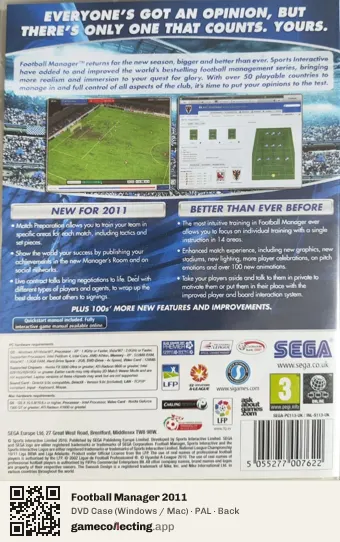 Football Manager 2011 Computer, PAL box back