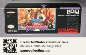 Uncharted Waters: New Horizons Super Nintendo Entertainment System, NTSC cartridge label