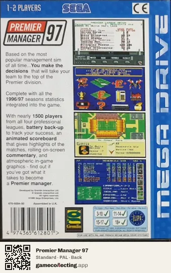 Premier Manager 97 Sega Mega Drive / Genesis, PAL box back
