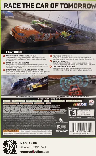 NASCAR 08 Xbox 360, NTSC box back