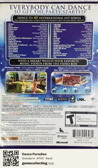 Dance Paradise Xbox 360, NTSC box back