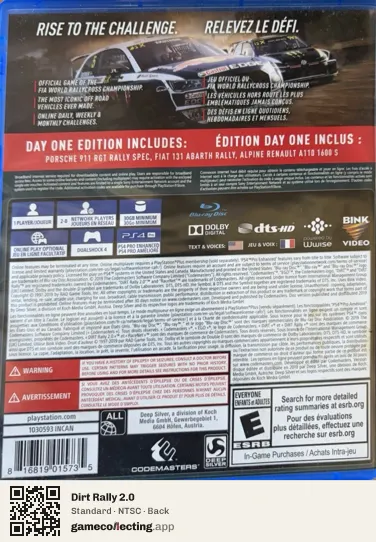 Dirt Rally 2.0 PlayStation 4, NTSC box back
