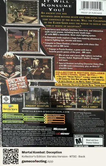 Mortal Kombat: Deception Xbox, NTSC box back