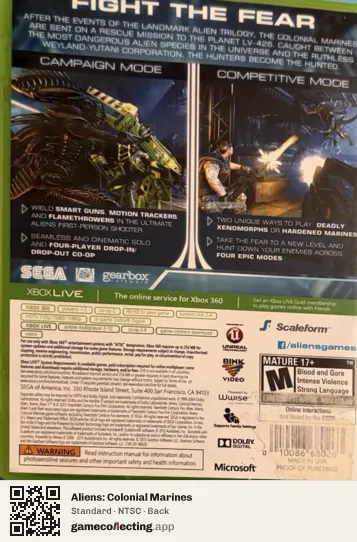 Aliens: Colonial Marines Xbox 360, NTSC box back