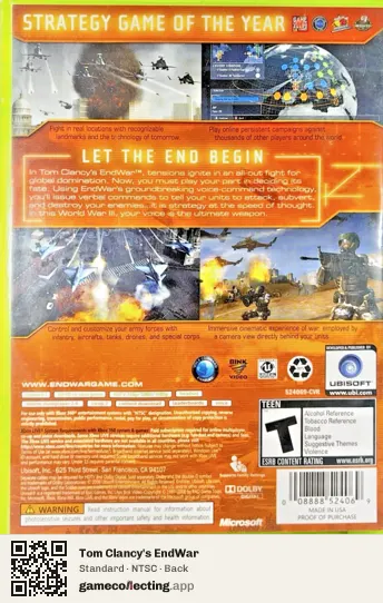 Tom Clancy's EndWar Xbox 360, NTSC box back