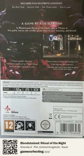 Bloodstained: Ritual of the Night Nintendo Switch, United Kingdom box back