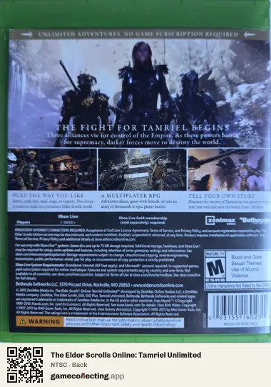 The Elder Scrolls Online: Tamriel Unlimited Xbox One, NTSC box back