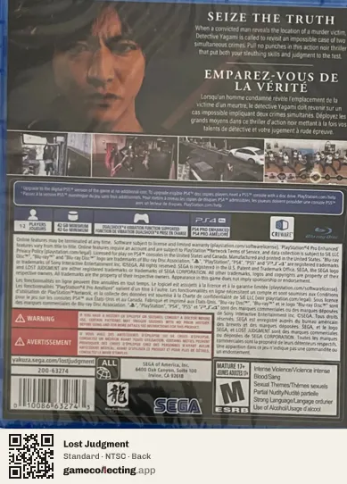 Lost Judgment PlayStation 4, NTSC box back