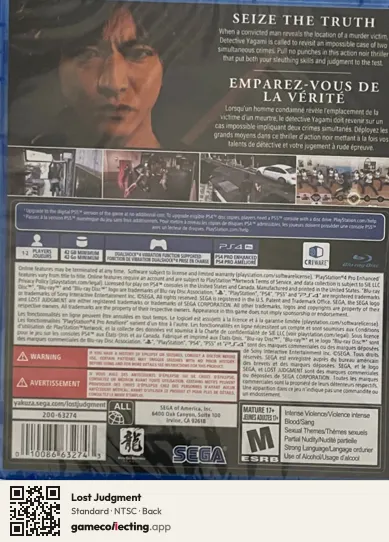 Lost Judgment PlayStation 4, NTSC box back