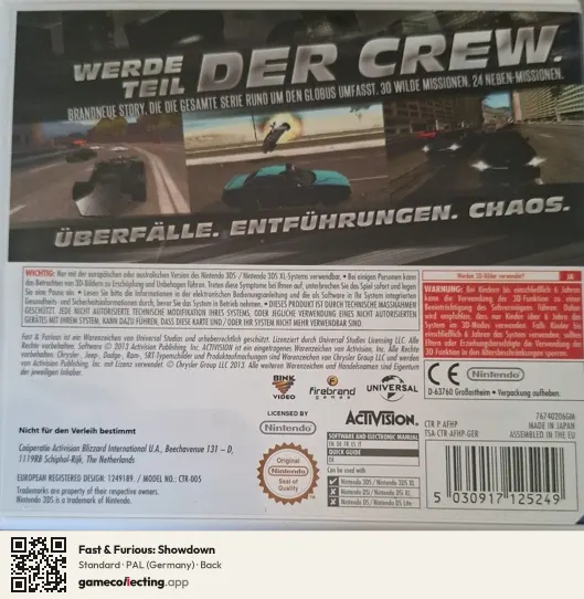 Fast & Furious: Showdown Nintendo 3DS, Germany box back