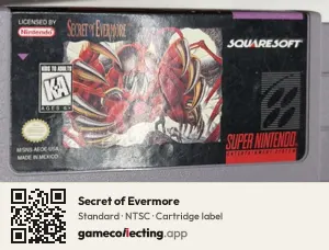 Secret of Evermore Super Nintendo Entertainment System, NTSC cartridge label